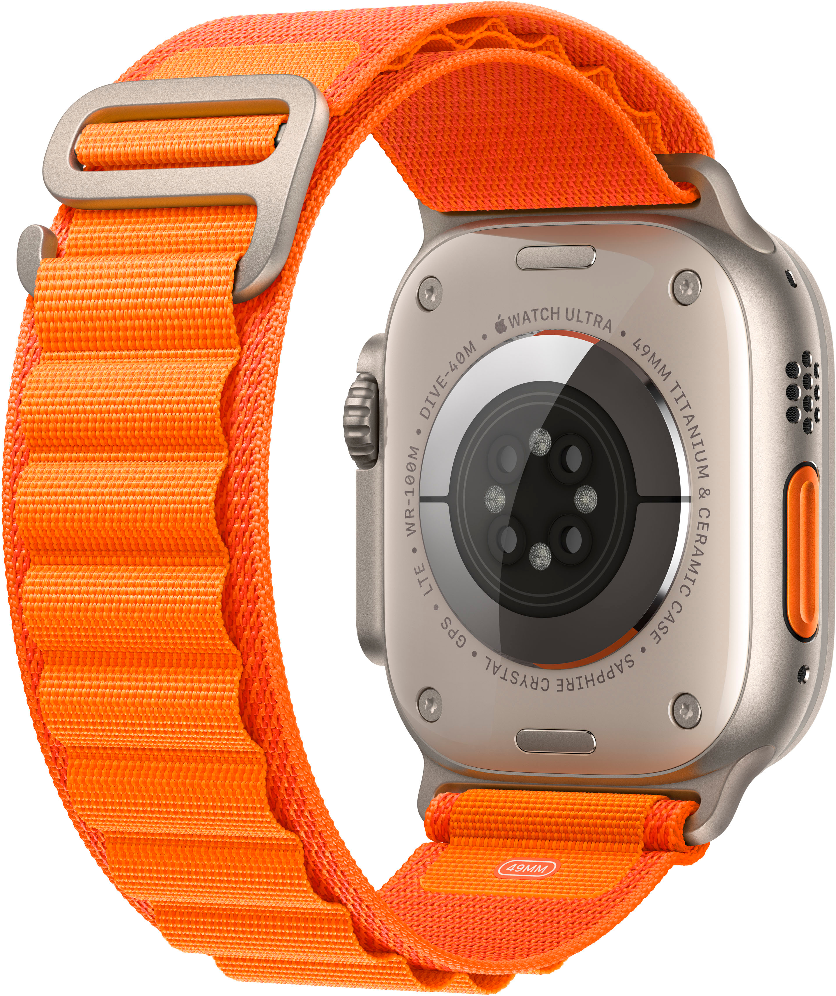 Left. Apple - Geek Squad Certified Refurbished Apple Watch Ultra (GPS + Cellular) 49mm Titanium Case with Orange Alpine Loop - Large - Titanium.