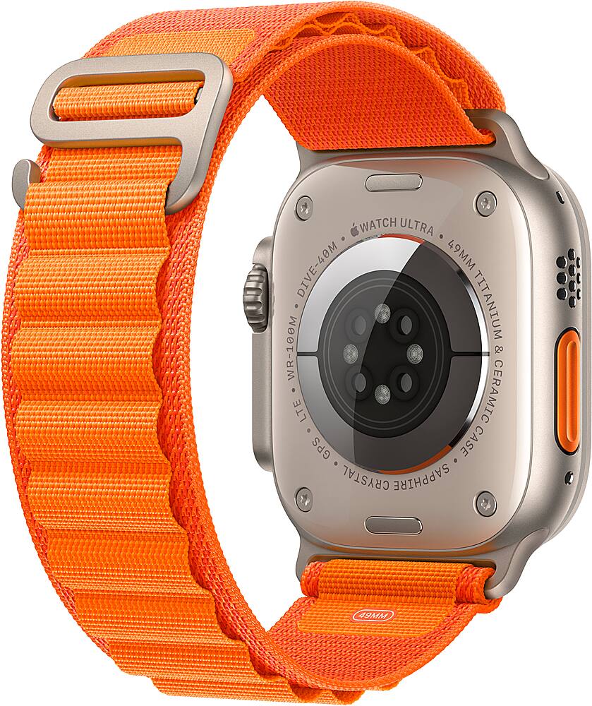 Left. Apple - Geek Squad Certified Refurbished Apple Watch Ultra (GPS + Cellular) 49mm Titanium Case with Orange Alpine Loop - Large - Titanium.