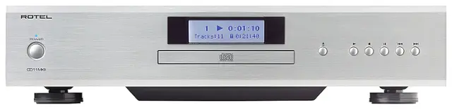 The text on the image reads "ROTEL POWER 1 0:01:10 Tracks:11 11 T 0:21:40 H4 disc 001 1MKI." This text is likely related to the audio equipment, specifically the CD player, which is made by Rotel. The text may indicate the model number, track information, or other specifications of the device.
