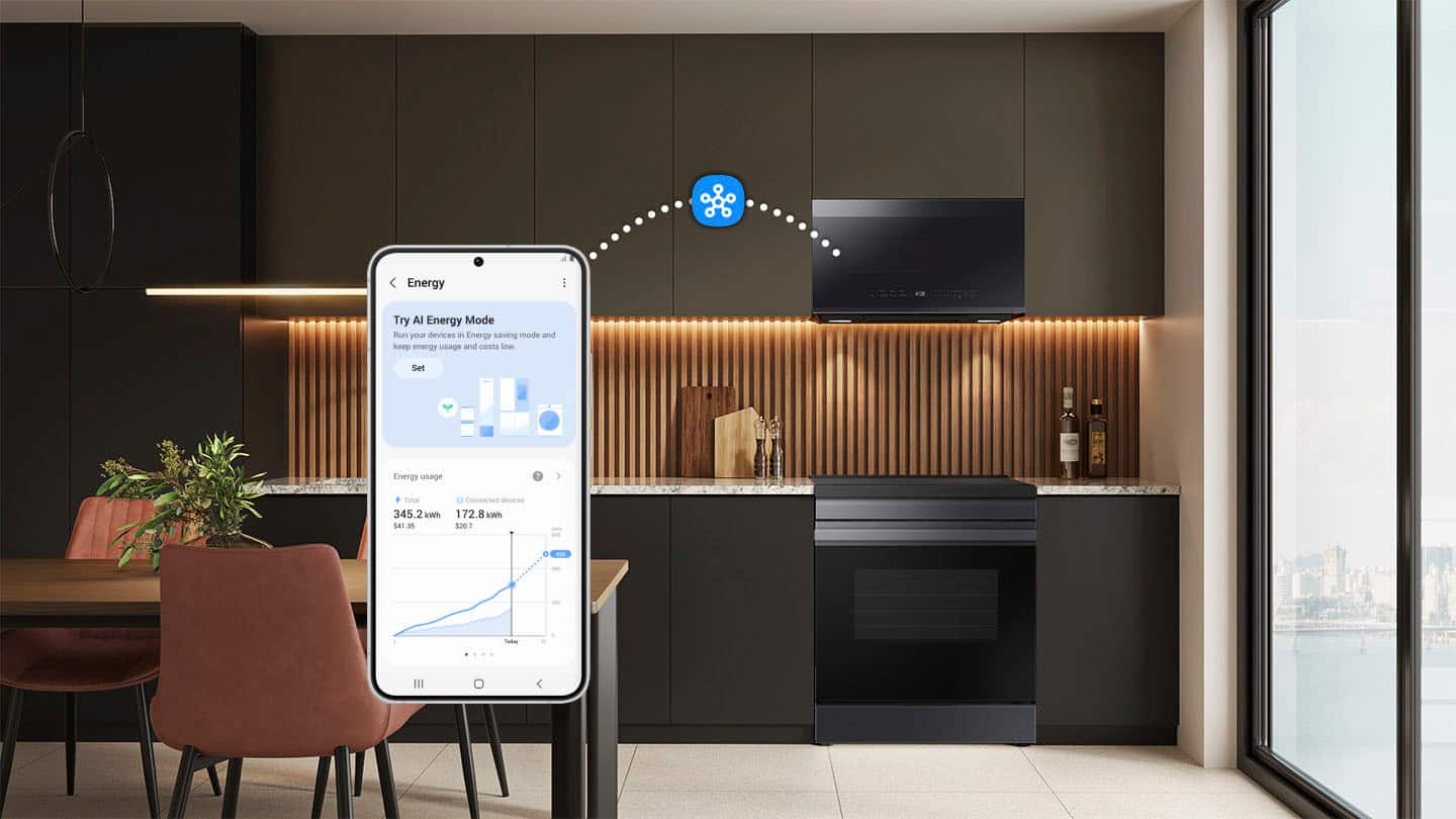 The image features a kitchen with a dining table, chairs, and a cell phone on the table. The cell phone is displaying a message about energy savings. The kitchen also has a TV mounted on the wall, a sink, and an oven. The scene is set in a modern apartment, with a large window providing a view of the city.