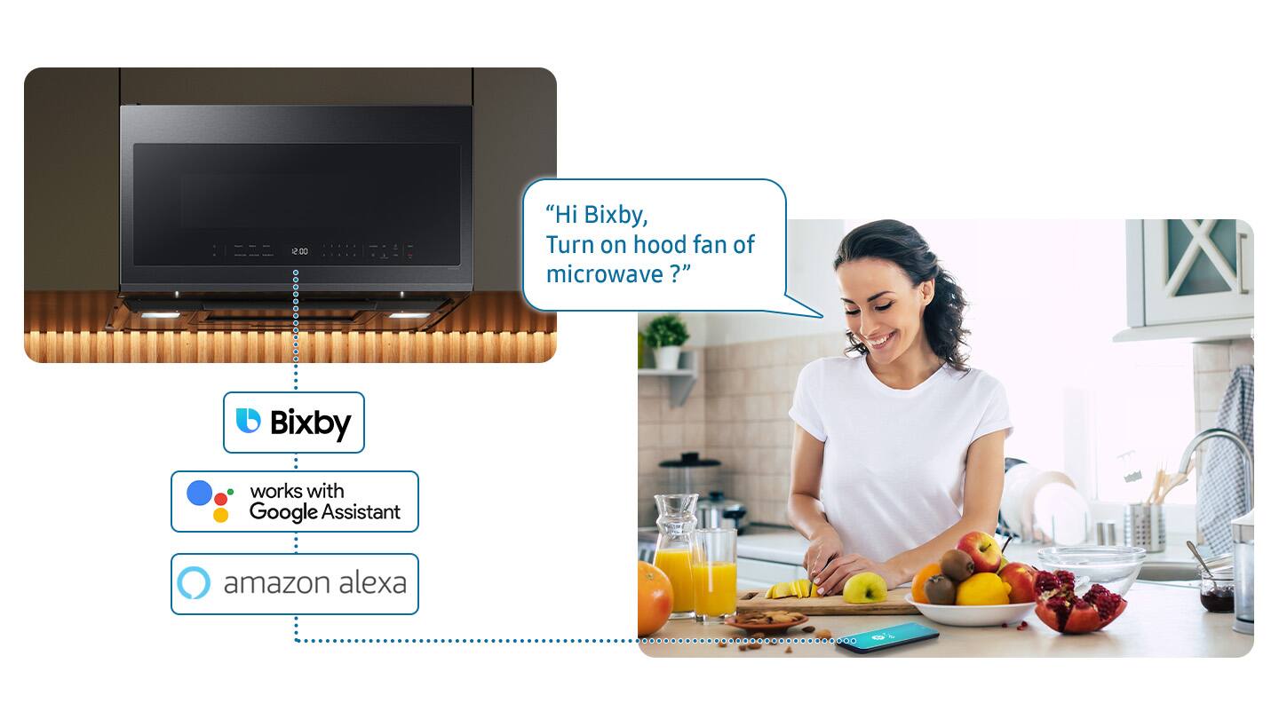 The largest text reads "Bixby." The following text has been cleaned up based on the image: "Hi Bixby, Turn on hood fan of microwave? Works with Google Assistant and Amazon Alexa."