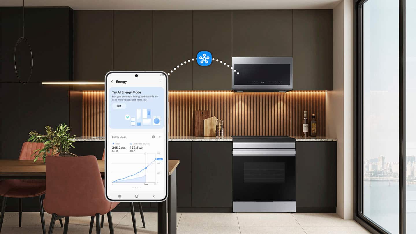 The image shows a kitchen with a dining table and chairs. A cell phone is placed on the table, displaying a message about energy usage. The message suggests that the user should try an energy-saving mode to reduce energy consumption and costs. The image also features a TV mounted on the wall, a refrigerator, and a microwave.