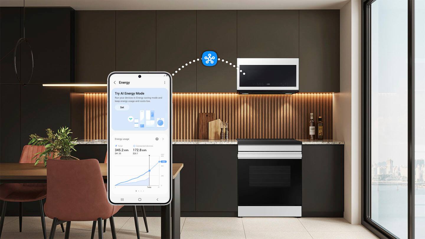 The image features a kitchen with a dining table and chairs. A cell phone is placed on the table, and a blue arrow is pointing towards it. The phone is displaying a message about energy-saving mode, suggesting that the user should turn on energy-saving mode to reduce energy consumption and costs. The kitchen also has a microwave and an oven, and there are several bottles and a potted plant in the room.