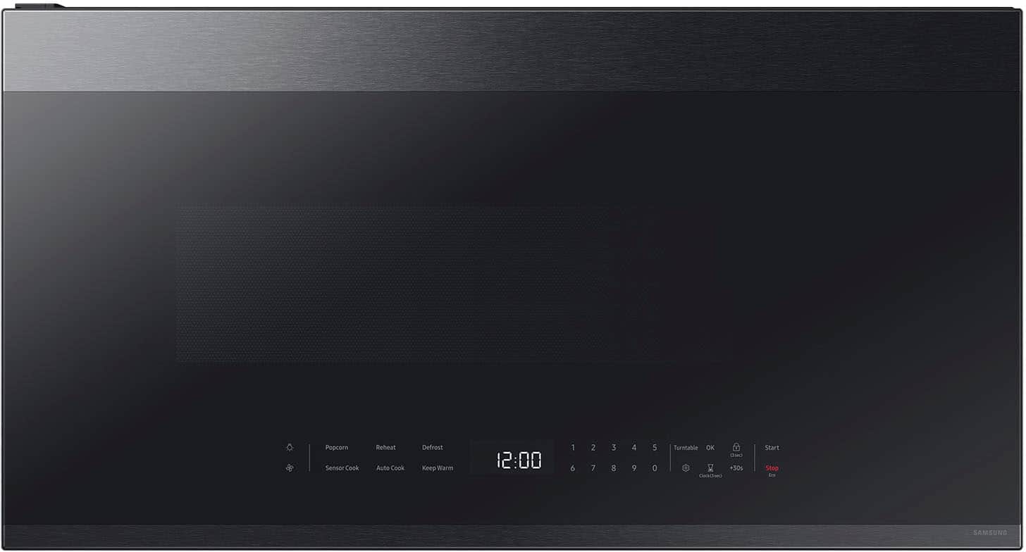 Front. Samsung - Bespoke 2.1 Cu. Ft. Over-the-Range Microwave with Sensor Cooking and Edge to Edge Glass Display - Matte Black Steel.