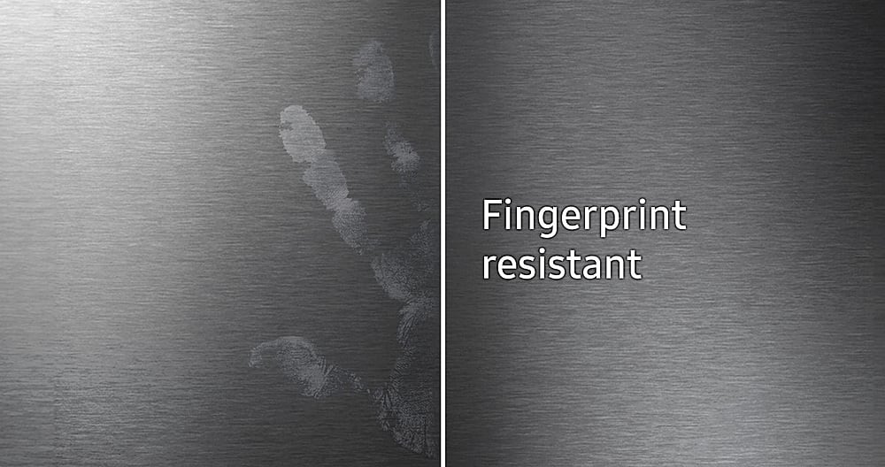 The text on the image reads "Fingerprint resistant," which means that the surface is designed to resist fingerprints, making it difficult for them to be left behind.