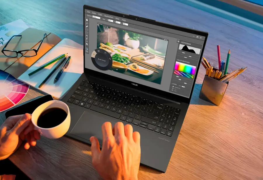 Alt View 22. ASUS - Vivobook Pro 15 OLED Laptop - Intel Core Ultra 9 with 24GB Memory - NVIDIA GeForce RTX 3050 - 2TB SSD - Earl Gray.