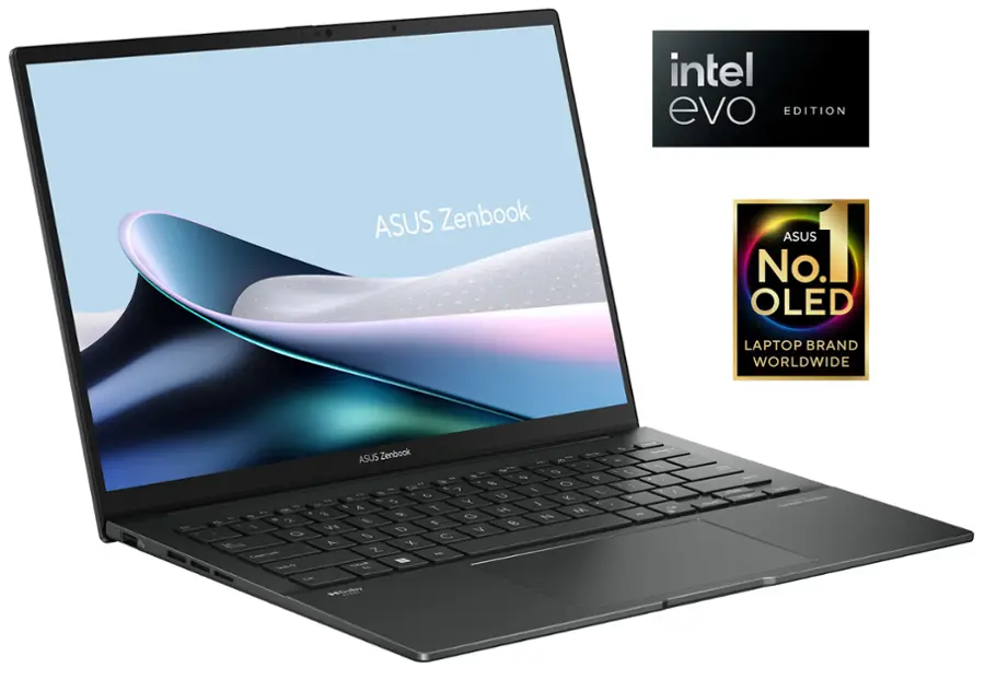 The image features an Intel Evo Edition ASUS Zenbook laptop computer. The laptop is black and has a sleek design. It is the number one OLED laptop brand worldwide, as indicated by the logo on the side. The laptop is displayed in front of a blue background, which highlights its color and design.