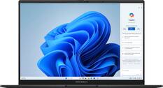 The image features a laptop with a blue background and a blue wave design. The laptop is open, and the screen displays a blue wave. The laptop is made by ASUS and is a Zenbook model.