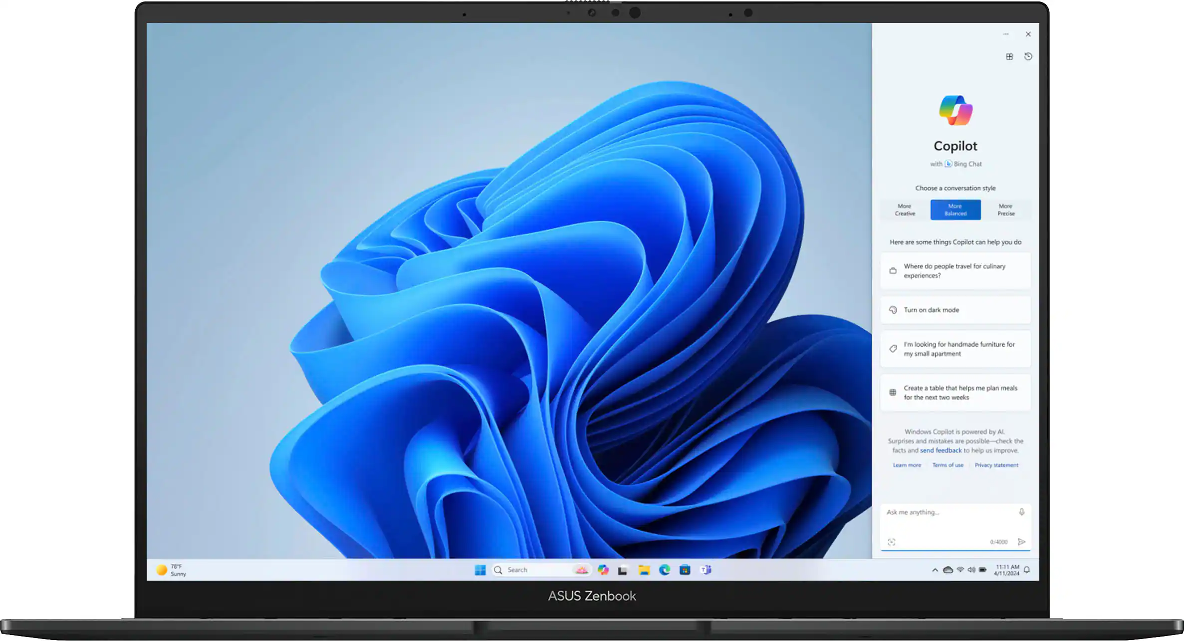 The image features a laptop with a blue background and a blue wave design. The laptop is open, and the screen displays a blue wave. The laptop is made by ASUS and is a Zenbook model.