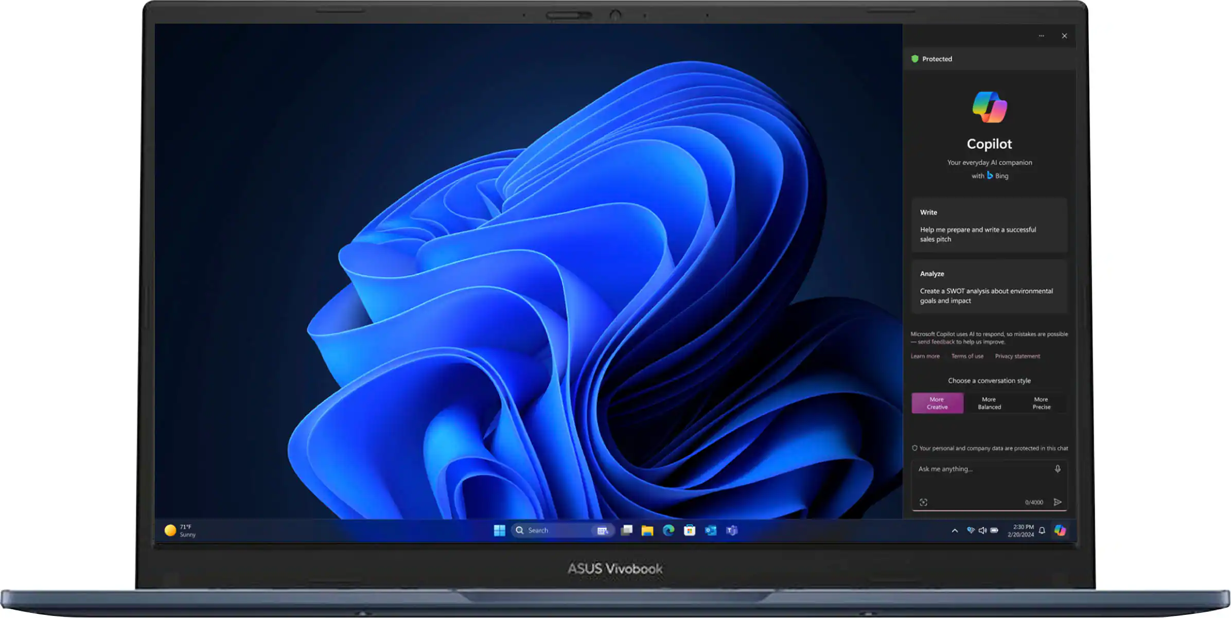 The image features a laptop computer with a blue background and a blue and purple design on the screen. The laptop is open and appears to be in use. The screen displays a colorful and visually appealing design, which suggests that the laptop may be used for creative or artistic purposes. The laptop is likely a product of the ASUS brand, as indicated by the name "ASUS Vivobook" in the image description.