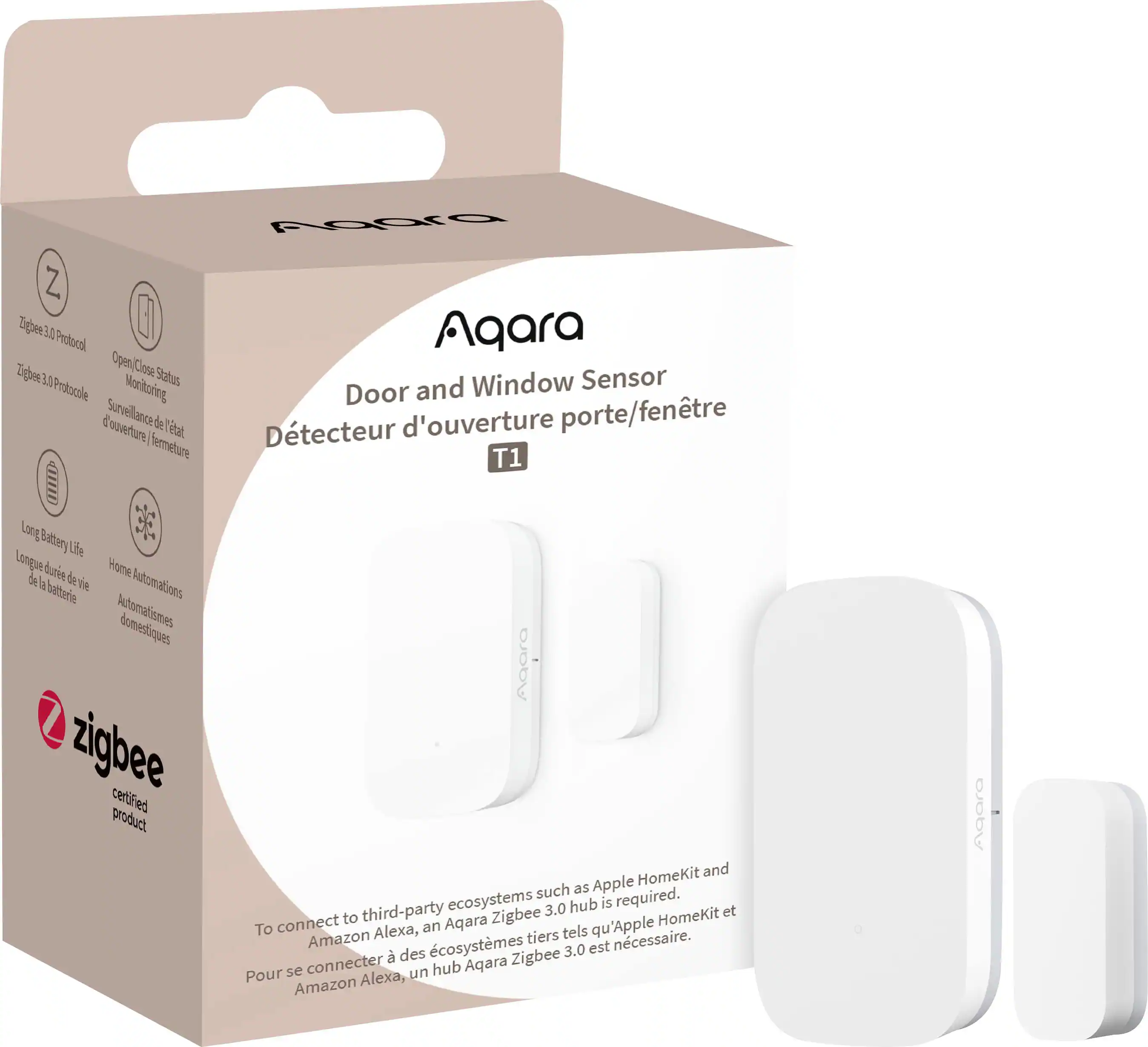 Front. Aqara - T1 Door and Window Sensor- Requires Hub product, Supports Apple HomeKit, Alexa, Google, SmartThings - White.