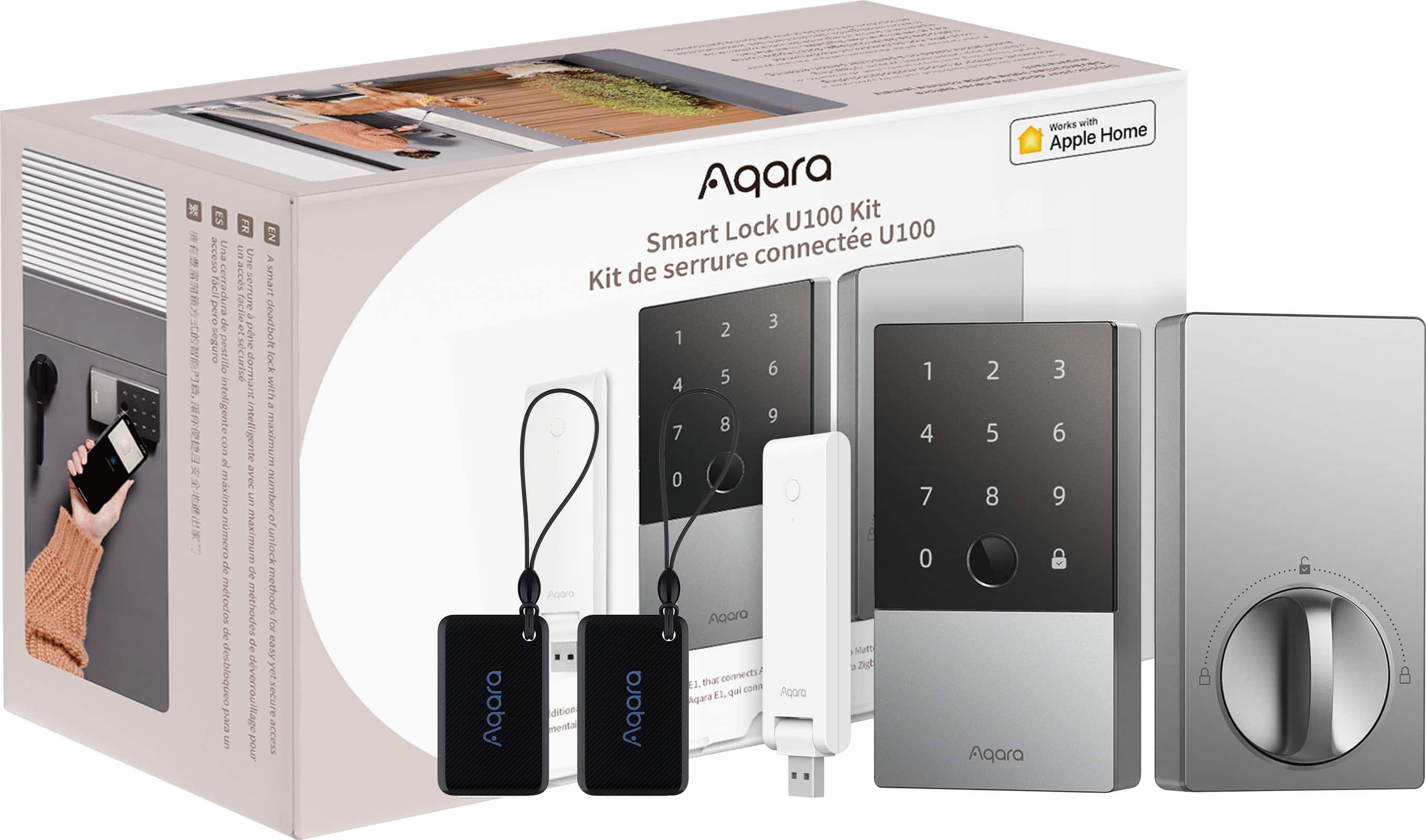 Aqara - Smart Lock U100 Kit - Fingerprint Keyless Door Lock with Apple Home Key Unlocking/ Extra Hub and NFC Card Included - Silver - Front_Zoom