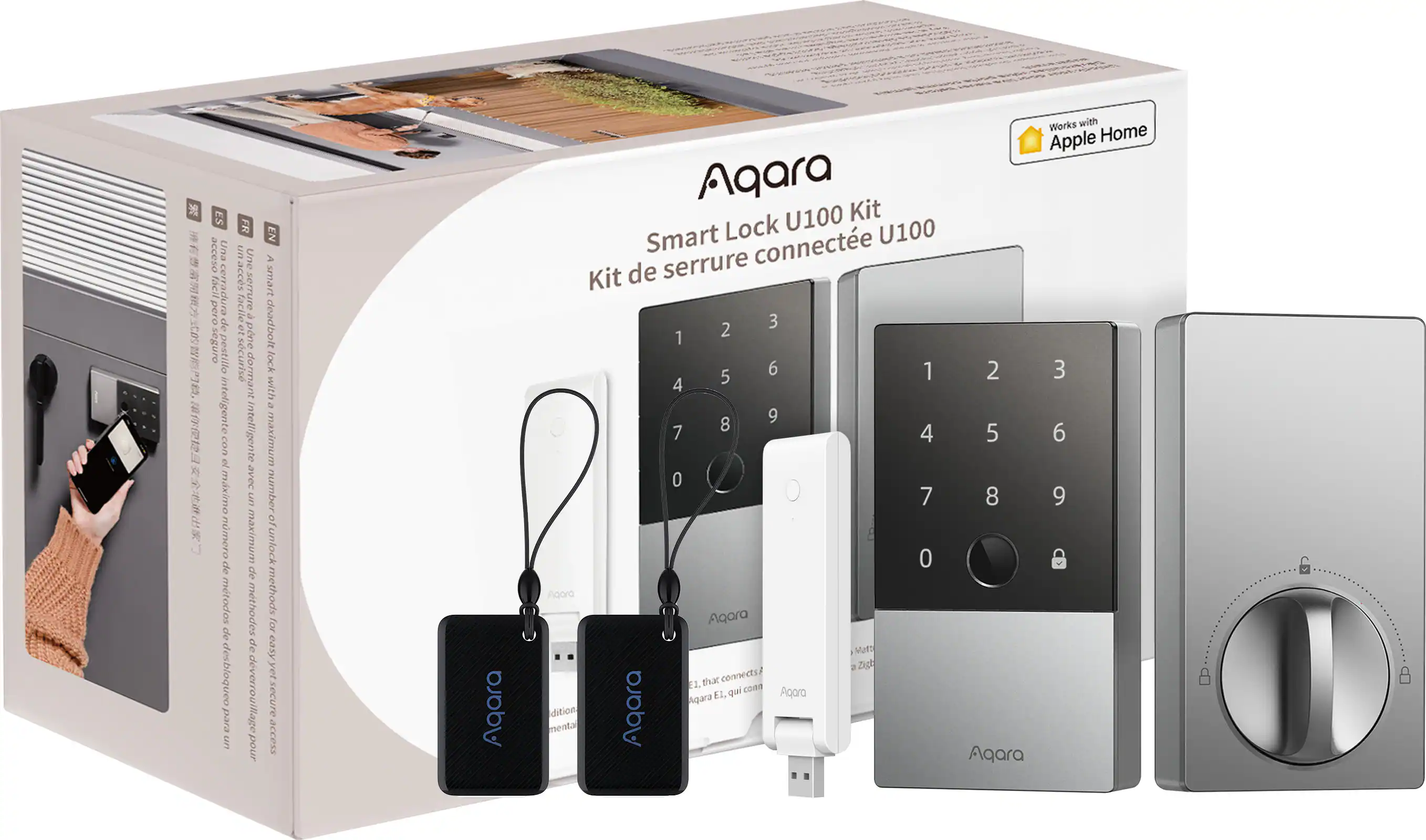 The image shows a box of Agara Smart Lock U100, which includes a smart lock, a keypad, and a remote control. The box is white and has a yellow tag on it. The smart lock and keypad are placed next to the box, while the remote control is positioned separately. The Agara U100 Kit is designed to provide secure and convenient access to your home or office.