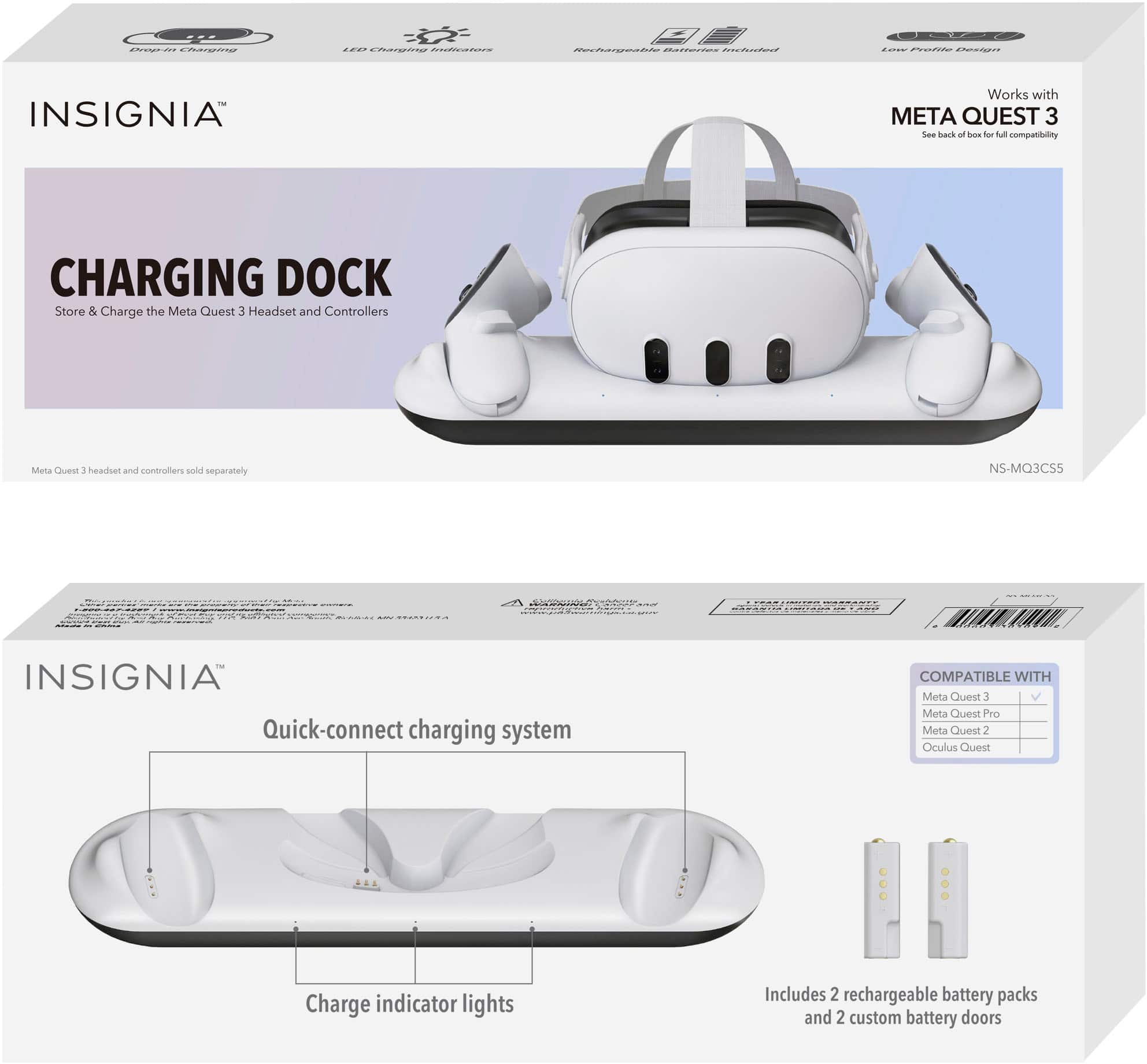 Insignia Charging Dock for Meta Quest 3 - Quick-connect charging system, compatible with Meta Quest 3, Meta Quest Pro, and Oculus Quest. Includes 2 rechargeable battery packs and 2 custom battery doors.