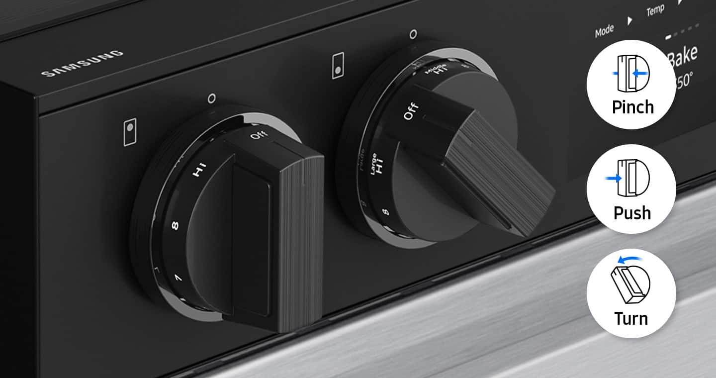 The text on the image reads:
SAMSUNG O Hi Off Large Large Hi Off & Temp Mode Bake 50 Pinch 8 S Push 7 1 1 Turn
Grouped and corrected text:
SAMSUNG Oven
Hi Off Large
Hi Off & Temp Mode
Bake 50
Pinch 8
S Push 7
1 1 Turn