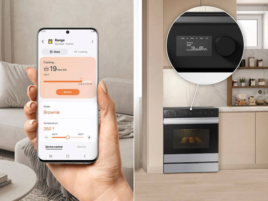 The text on the image is grouped and corrected as follows:

1. "2:45 Range My home Kitchen Oven Cooktop - Serp Brownie 350 19 00% 00 sec Cooking... 19 mins left 180"F Ends at 7.35 PM Button Mode Brownie Temperature ature 350 F 300F - 450F + Device control Service III"

This text is a description of a cooking timer on a smartphone, which is set to cook a brownie at 350 degrees Fahrenheit for 19 minutes. The timer is currently at 100% and 0 seconds left, indicating that it is almost finished. The timer ends at 7:35 PM.