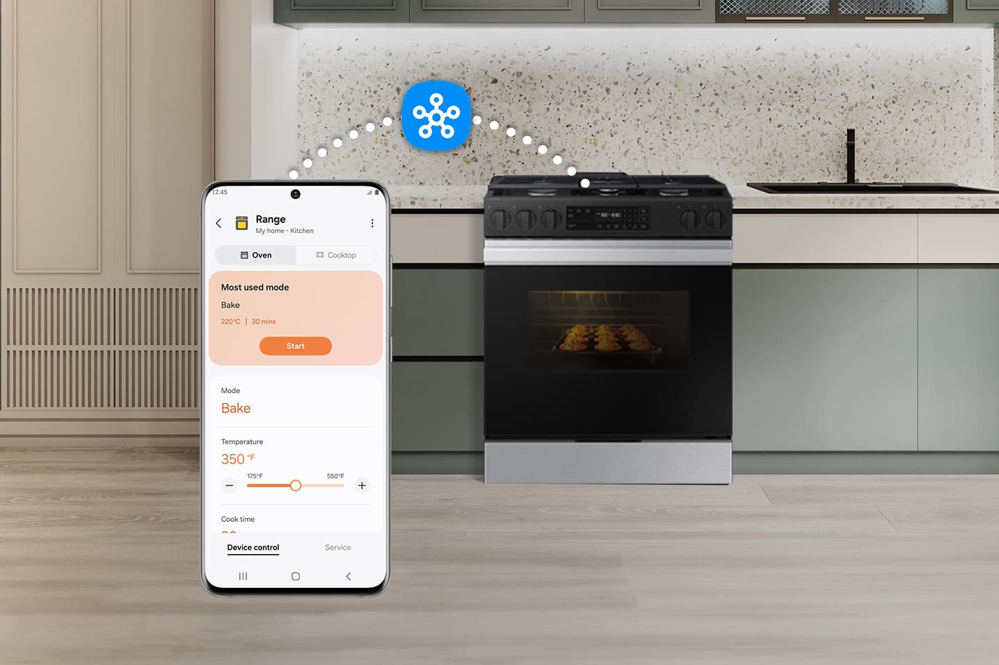 "12:45 Range My home kitchen oven cooktop. Most used mode: Bake. Temperature: 220C. Cook time: 30 mins. Start."
