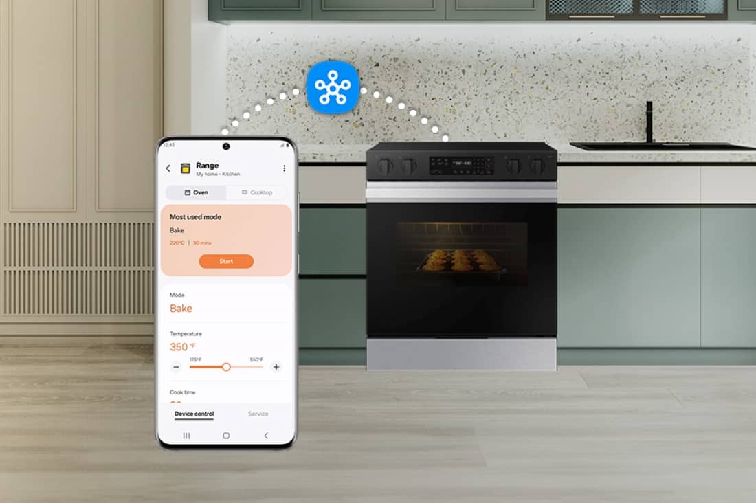 The image shows a kitchen with a stove and an oven. The stove has a blue icon above it, which is connected to a smartphone. The smartphone is displaying the most used mode, which is baking at 220 degrees Celsius for 30 minutes. The oven is also shown with the temperature set at 350 degrees Fahrenheit. The image suggests that the user can control the device and access service through the smartphone.
