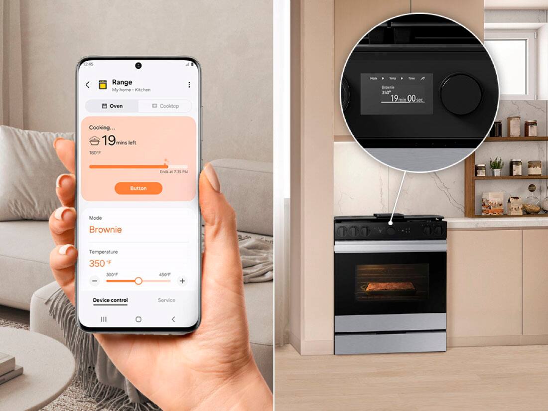 The text on the image is grouped and corrected as follows:

"2:45 Range My home Kitchen Oven Cooktop - Semp Brownie 350 19 00% 00 sec Cooking... 19 mins left 180"F Ends at 7.35 PM Button Mode Brownie Temperature ature 350 F 300F - 450F + Device control Service III"