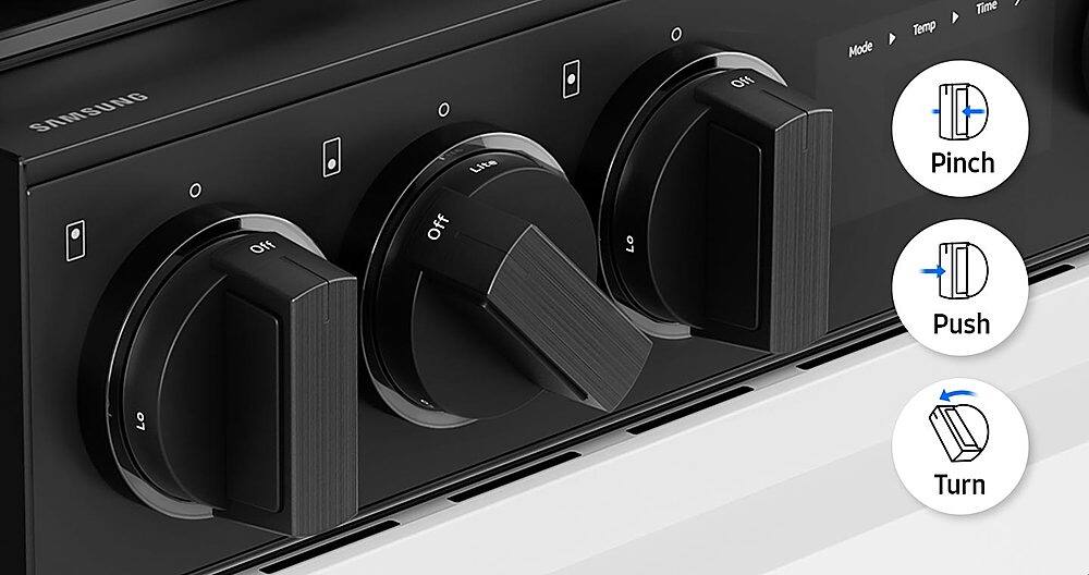 The text on the image reads: "SAMSUNG O Off O Lite Off LO Off Mode Time Temp Pinch Push LO Turn." The correct grouping and text would be: "SAMSUNG O Off O Lite Off LO Off Mode Time Temp Pinch Push LO Turn."