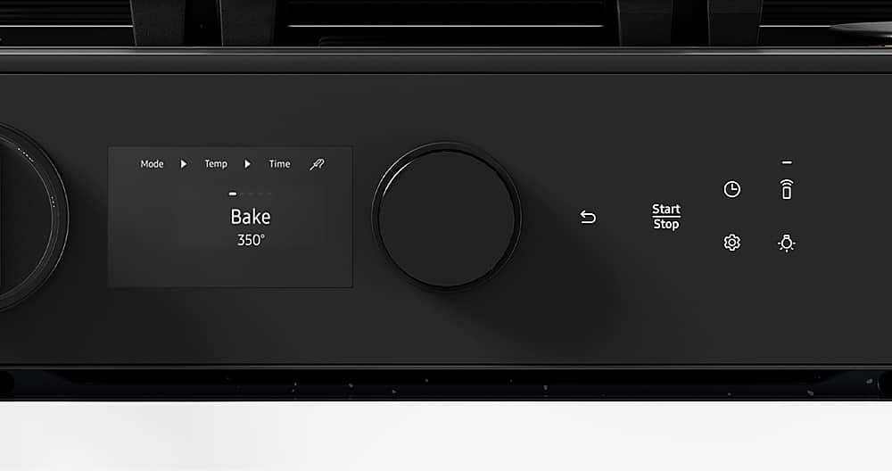 The text on the image is:
Mode: Bake
Temperature: 350
Time: 0:00
Start: Stop