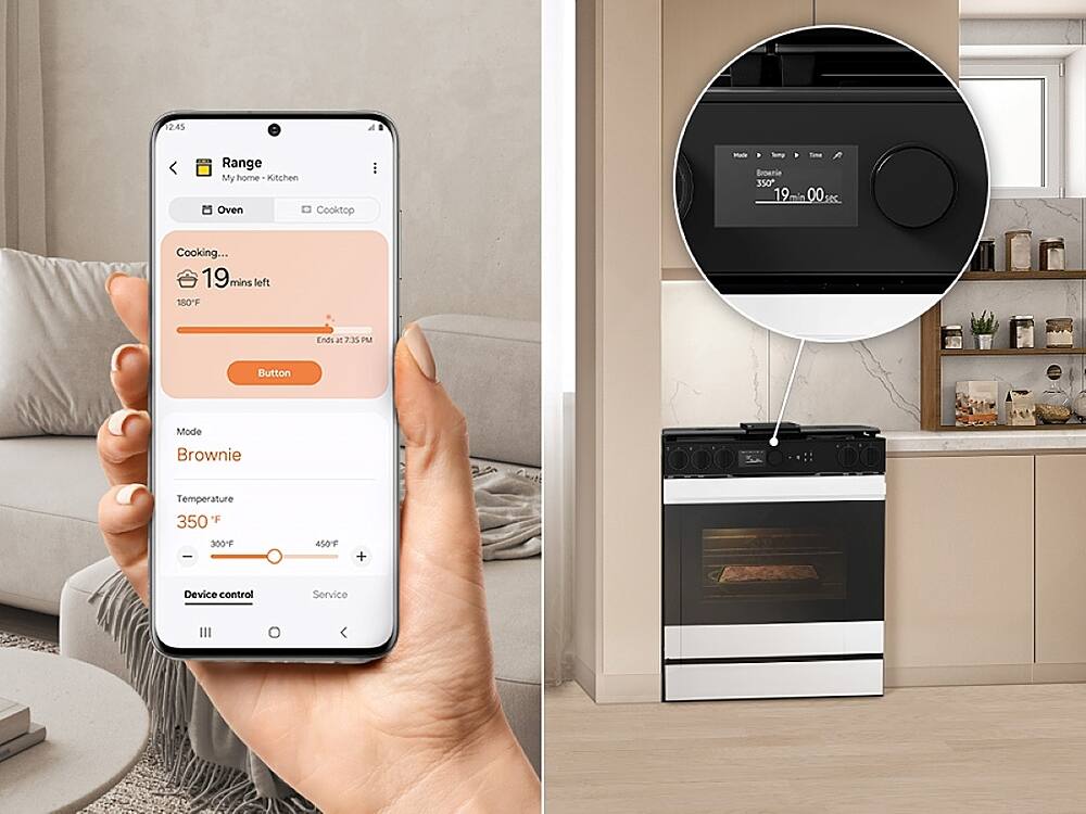 The image shows a person holding a smartphone displaying a timer for a brownie recipe. The timer is set at 19 minutes and 00 seconds left, indicating that the cooking process is almost complete. The smartphone is also connected to a kitchen oven, which is being used to bake the brownie. The oven is a part of a home kitchen setup, and the person is likely monitoring the cooking progress through the smartphone app.