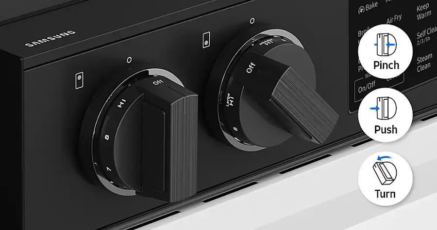 SAMSUNG Oven Hi Off sp16. Large Hi Off E . X Bake Air Fry Broil P Pinch Wa On/Off Keep Warm Self Clean 2/3/5h Steam Clean 8 S Push 7 1, Turn
