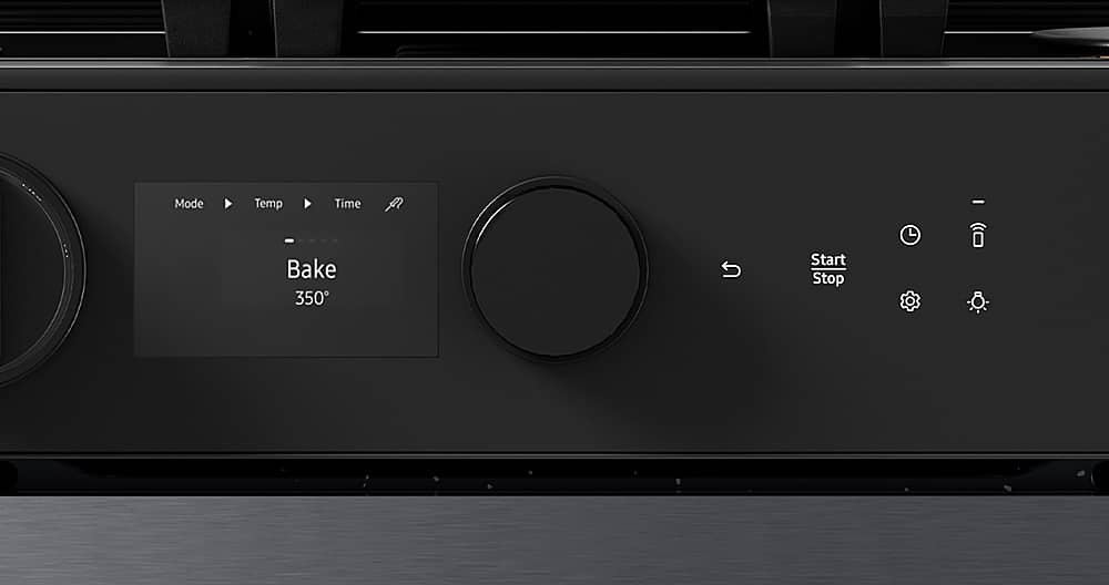 The text on the image reads "Mode Temp Time - - Bake 350 Start Stop." This text is grouped as follows:
1. Mode: Bake
2. Temperature: 350
3. Time: -
4. Start: -
5. Stop: -