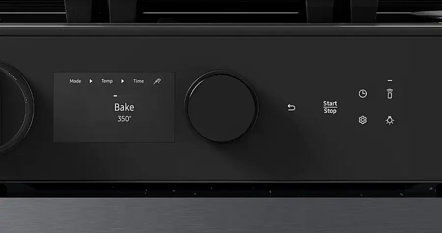 The text on the image reads "Mode Temp Time - - Bake 350 Start Stop." This text is grouped as follows:

1. Mode: Bake
2. Temperature: 350
3. Time: -
4. Start: -
5. Stop: -