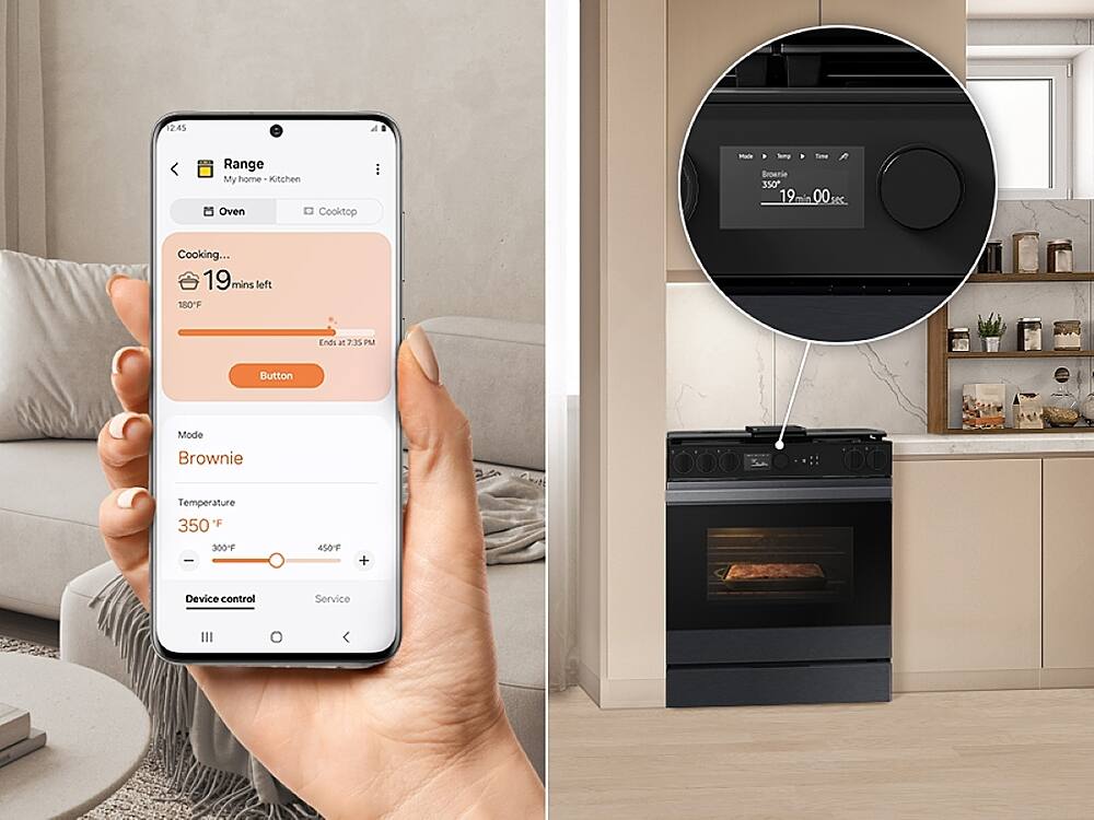 2.45 Range My home Kitchen Oven Cooktop - Semp Lma Brownie 350 19 00 00 sec Cooking... 19 mins left 180"F Ends at 7:35 PM Button Mode Brownie Temperature ature 350 F 300F I 450F + Device control Service