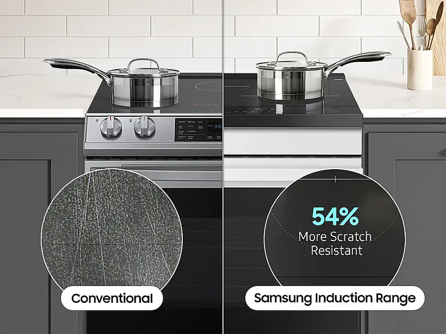The text on the image can be grouped and corrected as follows:

1. 54% More Scratch Resistant: This statement is referring to the conventional oven, which is made of stainless steel and is more resistant to scratches than the Samsung induction range.
2. Conventional: This term is used to describe the traditional oven, which is made of stainless steel and is more resistant to scratches than the Samsung induction range.
3. Samsung Induction Range: This term is used to describe the modern oven, which uses induction technology to heat the cookware directly, providing faster and more even heating.

In summary, the text on the image is comparing the conventional oven made of stainless steel with the Samsung induction range, highlighting the differences in terms of scratch resistance and cooking technology.