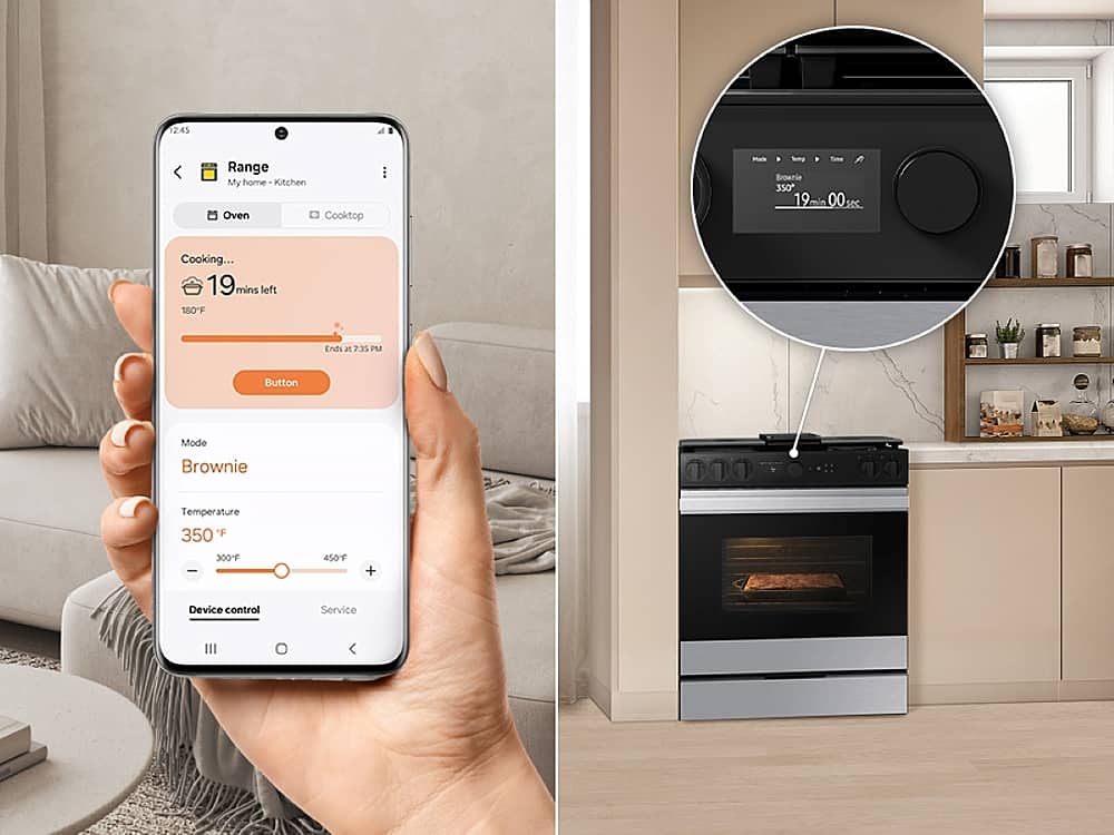 The text on the image is grouped and corrected as follows:
"2:45 Range My home Kitchen Oven Cooktop - Semp Brownie 350 19 00% 00 sec Cooking... 19 mins left 180"F Ends at 7.35 PM Button Mode Brownie Temperature ature 350 F 300F - 450F + Device control Service III"