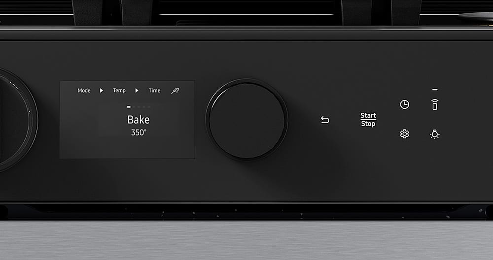 The text on the image is grouped as follows:
1. Mode: Bake
2. Temperature: 350
3. Time: -
4. Start: -
5. Stop: -