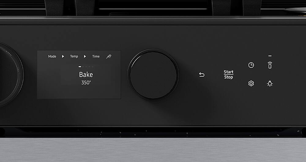 The text on the image is grouped as follows:

1. Mode: Bake
2. Temperature: 350
3. Time: -
4. Start: -
5. Stop: -