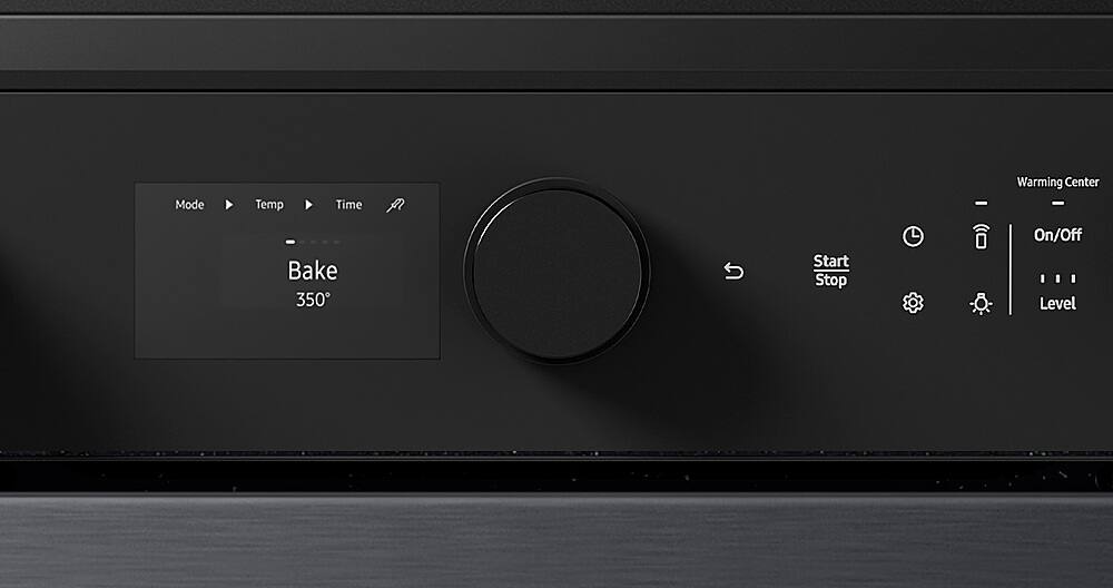 The text on the image is grouped as follows:

1. Mode: Bake
2. Temperature: 350
3. Time: Start
4. Warming Center: -
5. On/Off: Start
6. Level: -

The corrected text would be:

1. Mode: Bake
2. Temperature: 350
3. Time: Start
4. Warming Center: -
5. On/Off: Start
6. Level: -