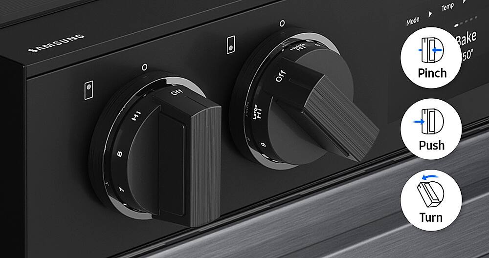 The text on the image reads: "SAMSUNG O Hi Off Large Large HI Midal & Off Temp Mode Bake 50 Pinch 8 S Push 7 1 - Turn." The corrected text should be: "SAMSUNG O Hi Off Large Large Hi Midal & Off Temp Mode Bake 50 Pinch 8 S Push 7 1 - Turn."