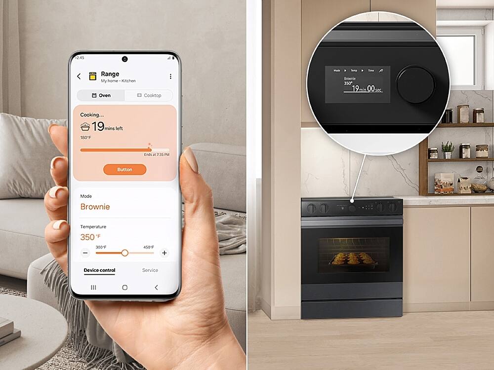 The image shows a person holding a cell phone with a timer app open, indicating that they are cooking a brownie. The timer is set to 19 minutes, and the temperature is set at 350 degrees Fahrenheit. The app also displays the remaining time and the end time of the cooking process. The kitchen is equipped with a range and oven, which are essential for baking the brownie.
