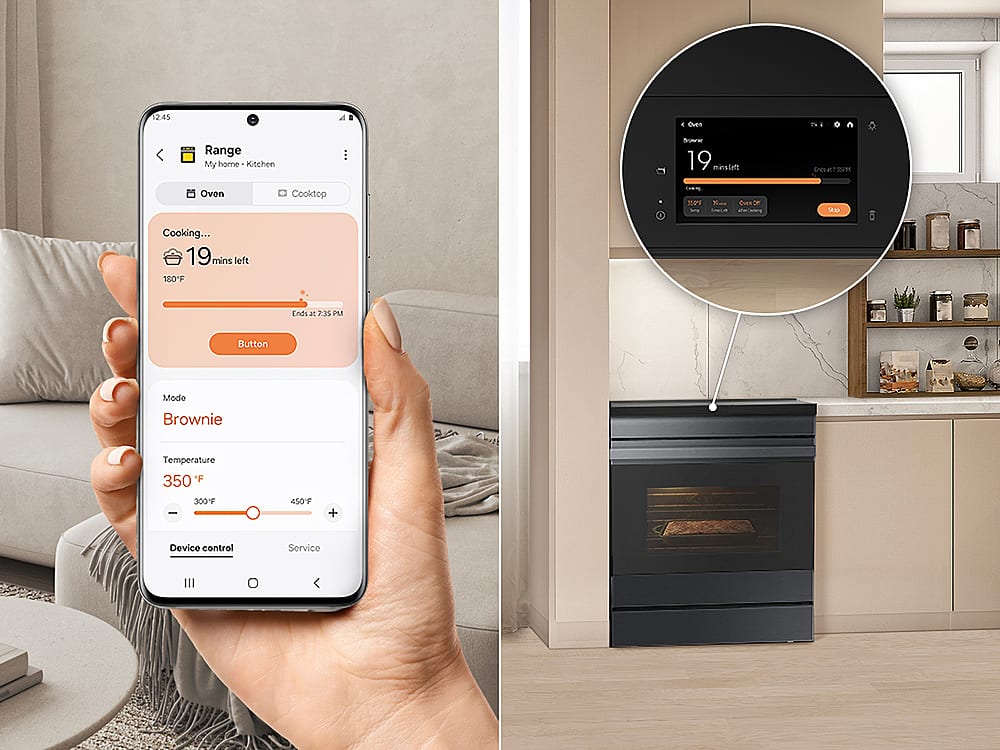 The image shows a person holding a cell phone with a timer displaying 19 minutes left. The timer is likely indicating the remaining time for a cooking process, such as baking a brownie. The cell phone is also displaying the temperature of the oven, which is set at 350 degrees Fahrenheit. The scene also features an oven in the background, further emphasizing the cooking context.