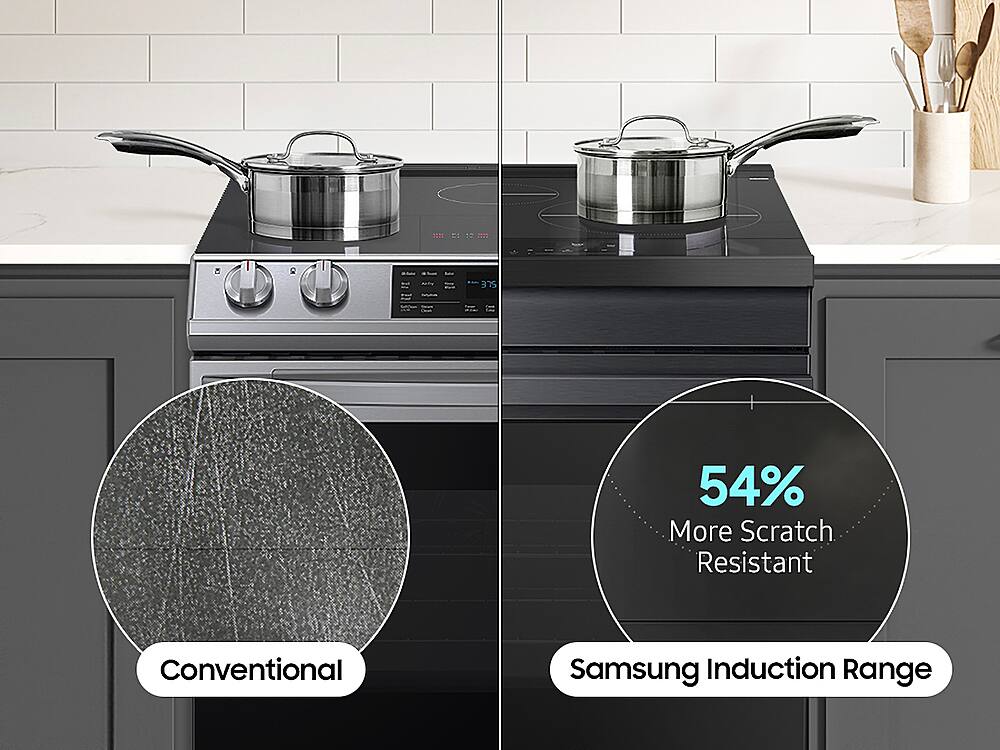 The text on the image can be grouped as follows:

1. 54% More Scratch Resistant: This statement is promoting the durability and resistance to scratches of the Samsung Induction Range.
2. Conventional: This statement is emphasizing that the Samsung Induction Range is designed to work with conventional cookware, making it a versatile option for users.
3. Samsung Induction Range: This statement is identifying the specific type of stove being advertised, which is a Samsung Induction Range.