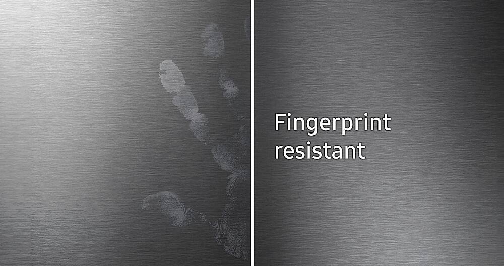 The text on the image reads "Fingerprint resistant," which means that the surface is designed to resist fingerprints, making it difficult for them to be left behind.