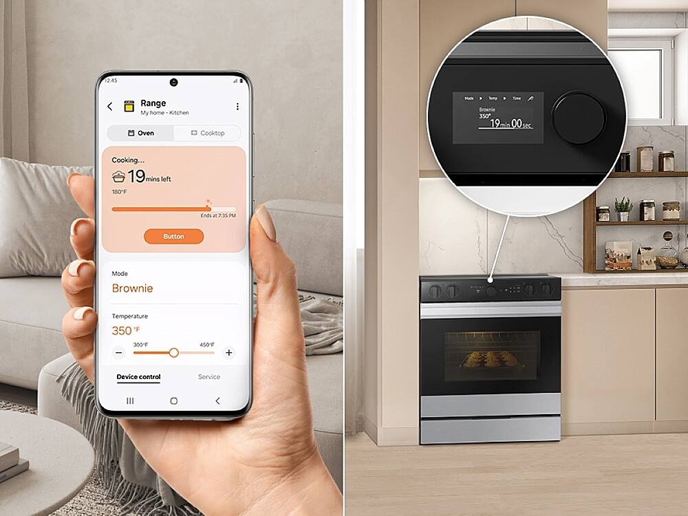 The text on the image is grouped and corrected as follows:

"2:45 Range My home Kitchen Oven Cooktop - Serp Brownie 350 19 00% 00 sec Cooking... 19 mins left 180"F Ends at 7.35 PM Button Mode Brownie Temperature ature 350 F 300F - 450F + Device control Service III"

This text is a combination of various elements, such as the time, temperature, and remaining time for the brownie. It also includes information about the device and its control.