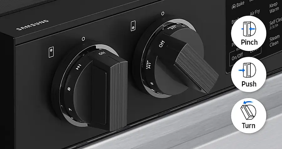 The image shows a Samsung oven with a control panel that includes a knob for turning the oven on and off, a knob for adjusting the temperature, and a knob for selecting different cooking modes. The control panel also has a button for activating the self-cleaning feature, and a button for adjusting the cooking time. The oven is designed to be easy to use and navigate, with clear labels and icons on the control panel to indicate the various functions.