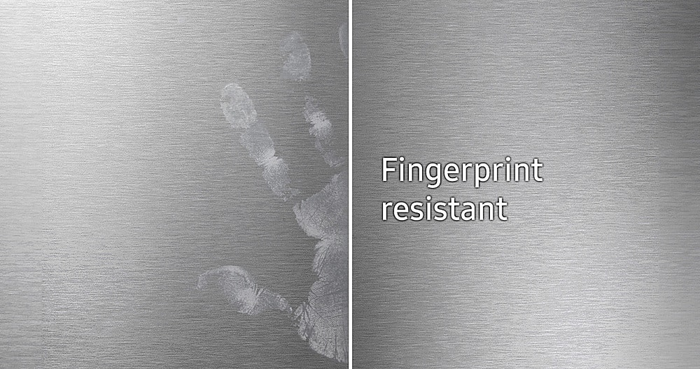 The text on the image reads "Fingerprint resistant," which means that the surface is designed to resist fingerprints, making it difficult for them to be left behind. This can be particularly useful in settings where maintaining cleanliness and hygiene is important, such as in hospitals, public restrooms, or high-traffic areas.