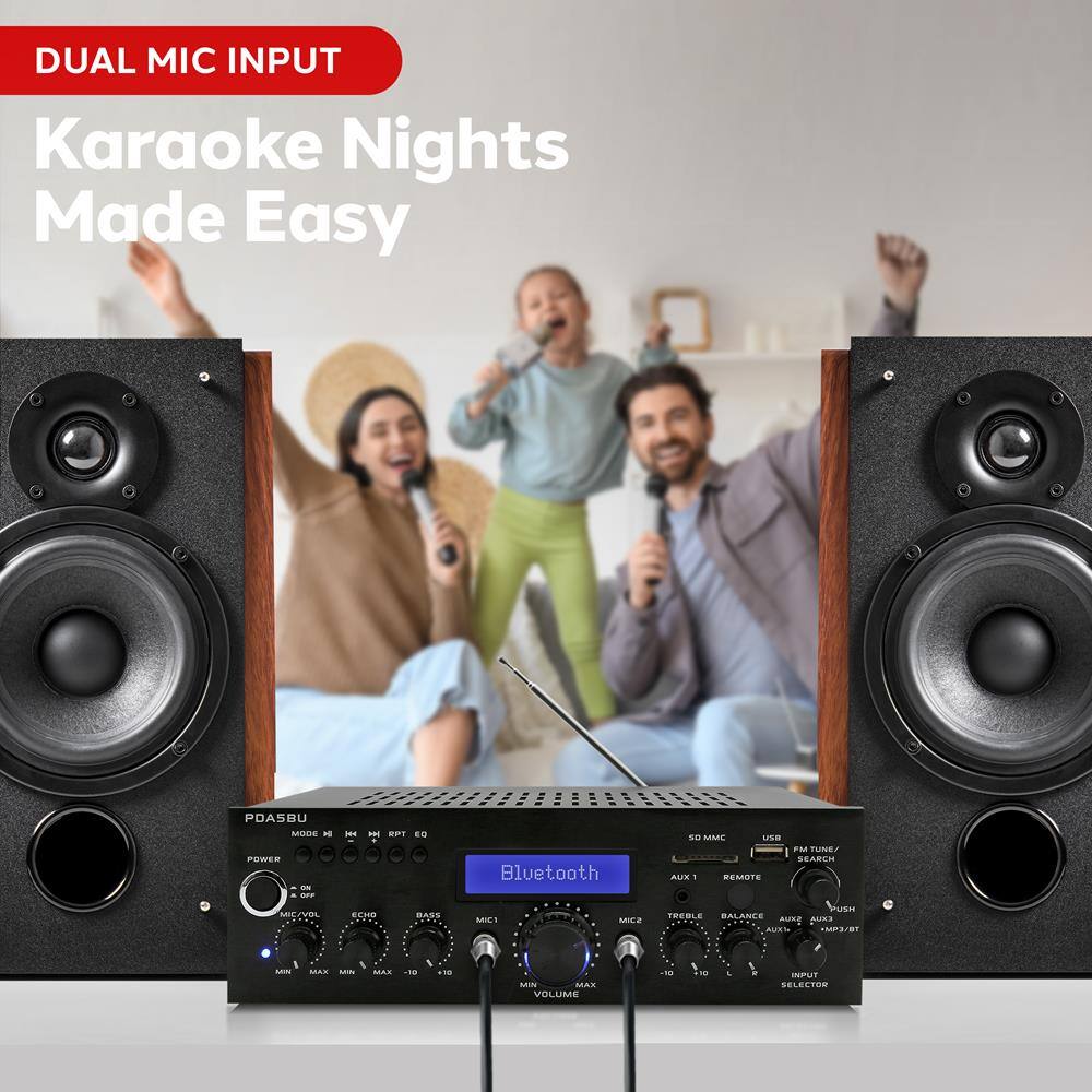 DUAL MIC INPUT  
Karaoke Nights Made Easy  

POASBU  
Bluetooth 5  
MME  
uNB  
AUS  
1 REMOTE  
FM SEARCH  
BE/VOL  
TERO  
BASS  
M  
MI2  
TRELE  
BALANCS  
AUIE  
AUES  
usa  
MP1/B  
- MAX  
- MAX  
- 4n  
AIN  
VOLUME  
..  
nre  
SELECTOR  

SDMMC  
USB  
FM TUNE/SEARCH  
AUX 1  
REMOTE  
TREBLE  
BALANCE  
AUX IN  
AUX OUT  
USB  
AUDIO SELECTOR