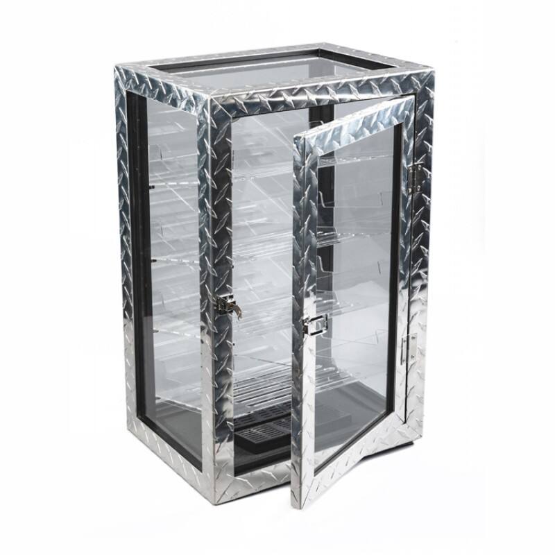 Back. Prestige - Diamond Plate Display Humidor - Polished Industrial Diamond Plate Metal Exterior.