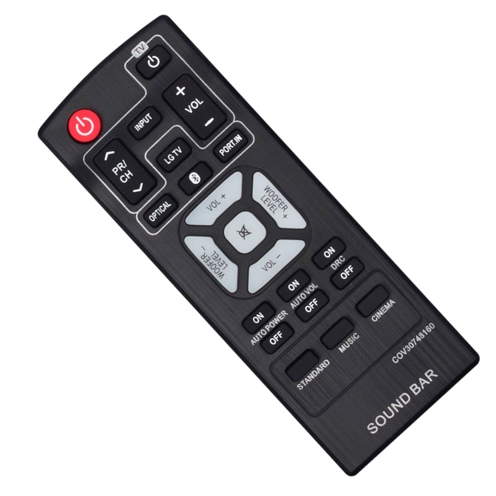 Sure, here is the corrected and grouped text from the image:

- TV
- VOL + VOL -
- INPUT
- LGTV
- PORT.IN
- PRI CH
- OPTICAL
- WOOFER LEVEL
- VOL +
- VOL -
- ON
- DRC OFF
- AUTOVOL OFF
- CINEMA
- AUTO POWER OFF
- MUSIC
- STANDARD
- SOUND BAR
- COV30748160