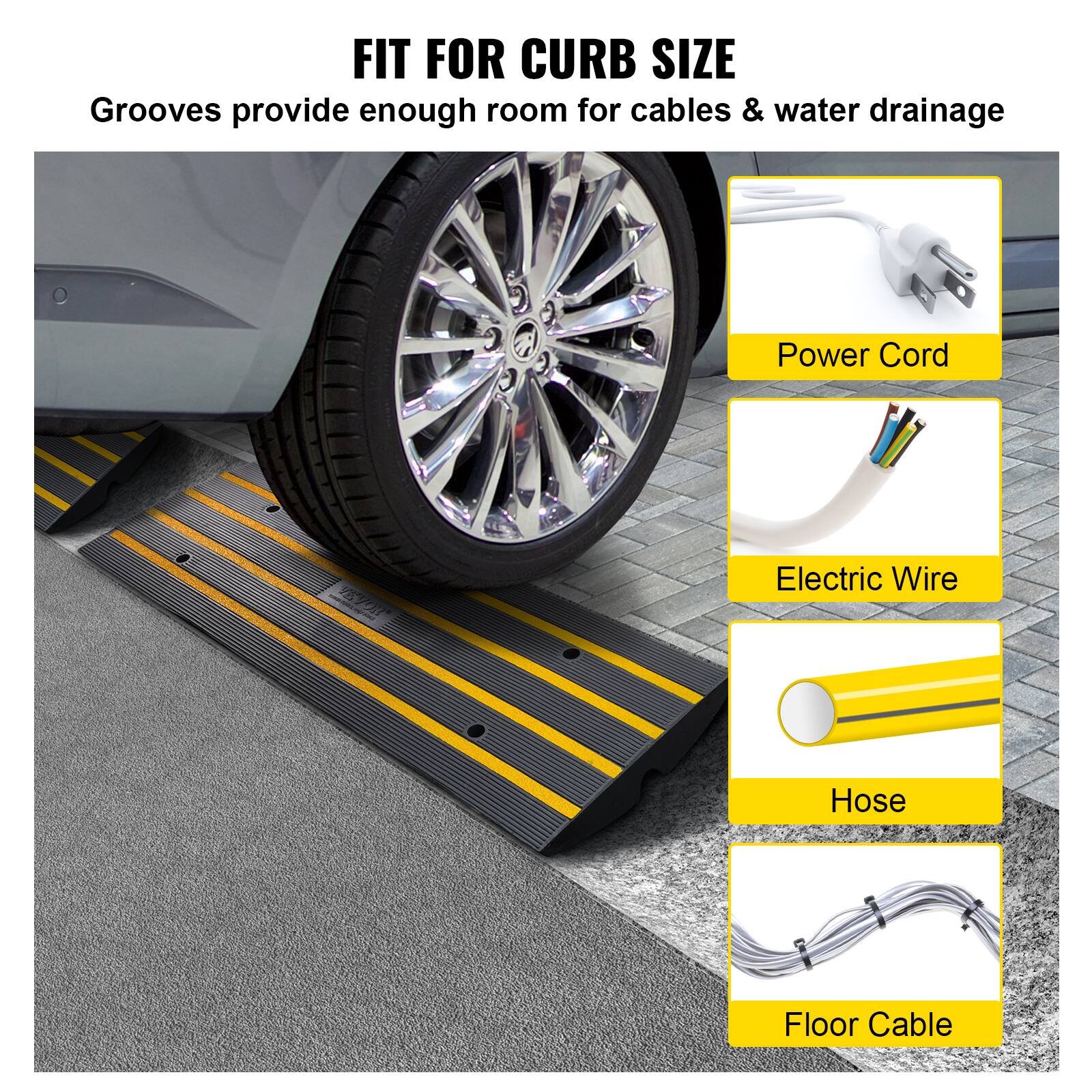 FIT FOR CURB SIZE  
Grooves provide enough room for cables & water drainage  

- Power Cord  
- Electric Wire  
- Hose  
- Floor Cable