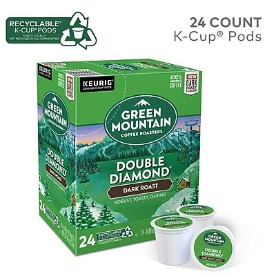 RECYCLABLE K-CUP PODS  
24 COUNT  
KEURIG COFFEE DARK ROAST  
GREEN MOUNTAIN COFFEE ROASTERS  
DOUBLE DIAMOND  
DARK ROAST  
ROBUST, TOASTY, DARING  
100% NEW KEURIG COFFEE  
24 PODS