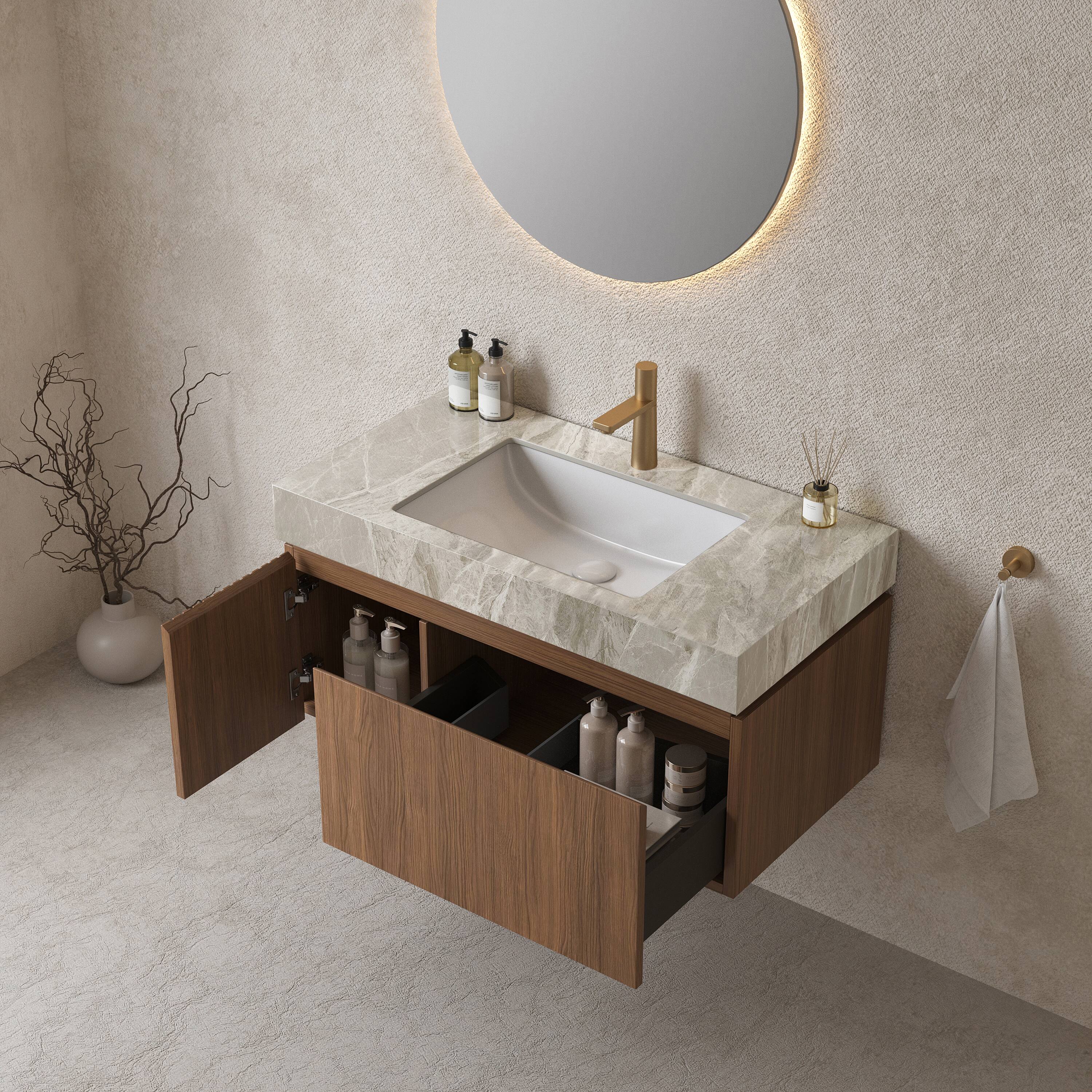 Angle. APRILSOUL - Bathroom Vanity Wall Mount Plywood Drawer Light Gray Sintered Stone Espresso - Espresso,Light Gray.