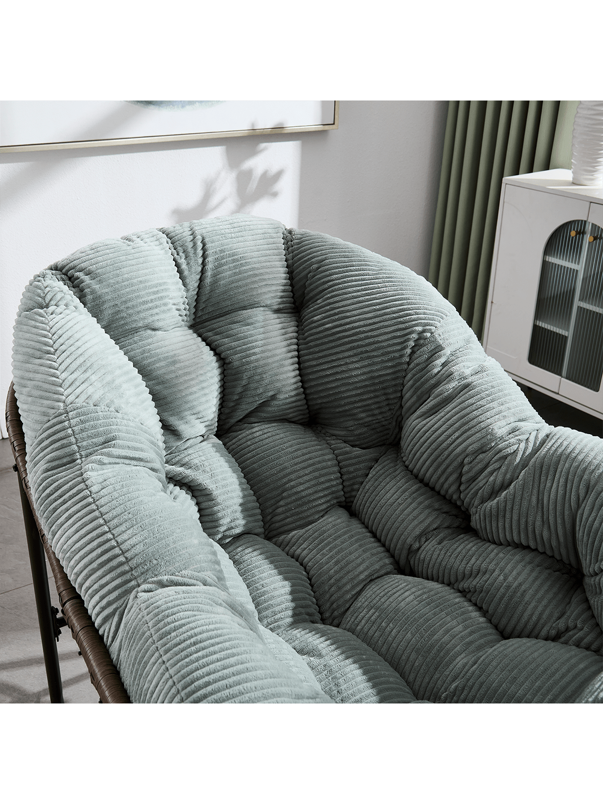 Back. Trinkets Crazed - Outdoor Indoor Rocking Chair With Padded Cushion, Oversized Patio Papasan Rocking Egg Chair - Olive Green.